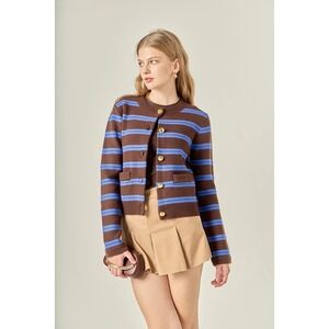 English Factory Striped Cardigan Brown Blue Gold Button Knit Sweater Medium